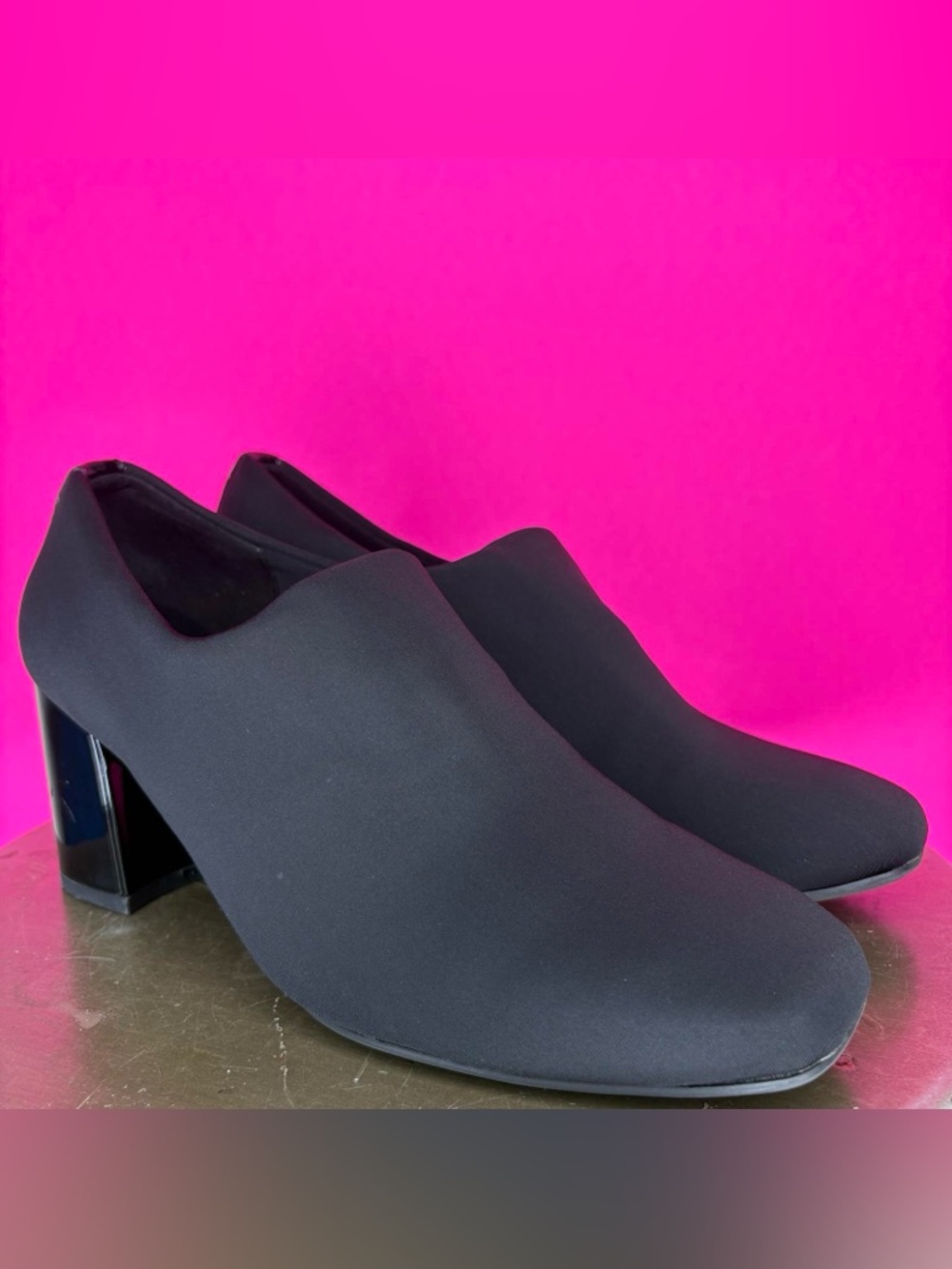 Anne Klein Tracy Black Stretch Neoprene Square Toe Slip-On Block Heel Pump US 6